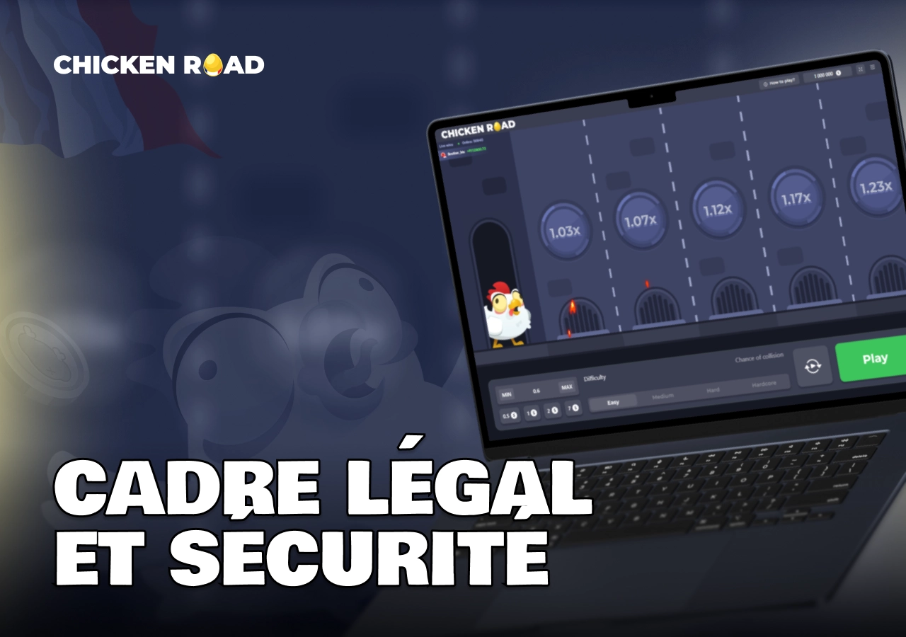 Jeu Chicken Road présenté sur ordinateur avec texte sur le cadre légal et la sécurité en France